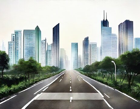 Watercolor of City skyline and modern buildings on an asphalt road in 