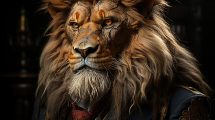 cool angry lion king wearing formal suit. Predator angry boss concept man lion head. generative ai - obrazy, fototapety, plakaty