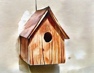 Obraz na płótnie Canvas Watercolor of of wooden birdhouse construction materials