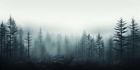 Misty forest with dare trees and rocks. Minimalistic scenery landscape. Generative AI