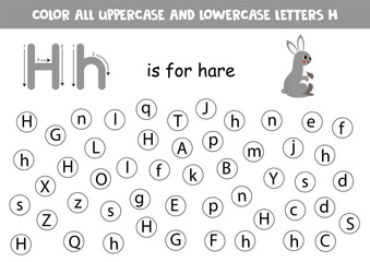 Find and dot all letters H. Educational worksheet for learning alphabet. Cute hare.