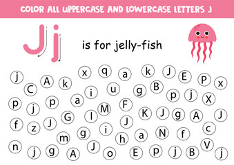 Find and dot all letters J. Educational worksheet for learning alphabet. Cute pink jelly fish. - obrazy, fototapety, plakaty