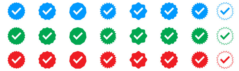 Verified badge profile set. Instagram verified badge. Social media account verification icons. Blue check mark icon. Profile verified badge. Guaranteed signs. Vector