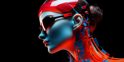 Beautiful woman in futuristic costume over white background. Girl in 3d glasses of virtual reality.Businesswoman portrait in vr glasses headset, cyber world and digital data.
