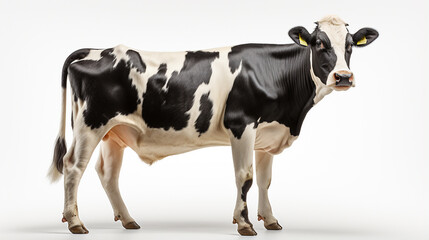 Cow isolated on white, standing upright black and white. Black and white cow isolated. generative ai