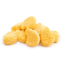 Semi finished cheesy chicken nuggets isolated on white background. Uncooked crunchy golden pieces of nuggets in breaded as heap.