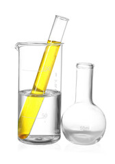 Glass flask, beaker and test tube with liquids isolated on white