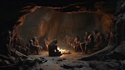 neanderthal cavemen around a fire in a cave - obrazy, fototapety, plakaty