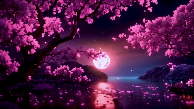 Magical and relaxing moonlight night animation, cherry blossom and glowing moon, Generative AI.