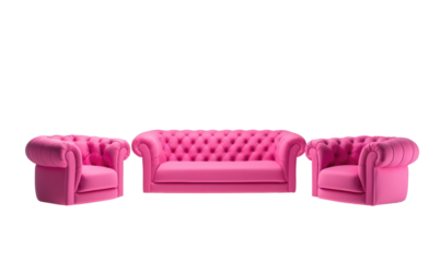  A striking set of pink sofa and 2 armchairs, creating a bold and contemporary statement in a modern living space. Transparent background.