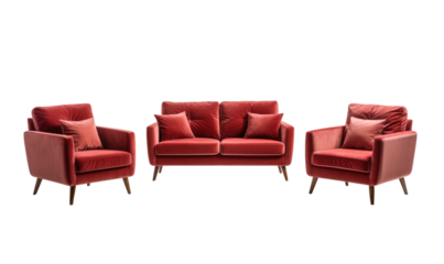 A striking set of red 2 seater sofa and armchairs, creating a bold and contemporary statement in a modern living space. No background