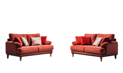 Two matching red sofas with contrasting white cushions on a clean, no background.