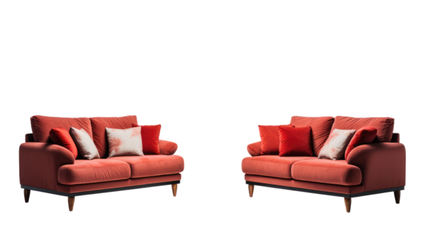 Two matching red sofas with contrasting white cushions on a clean, no background.
