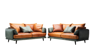 A luxurious orange leather sofa set with grey pillows on a transparent background.