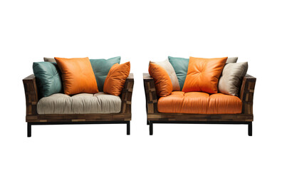 Stylish two-tone sofas with vibrant orange and teal cushions on transparent background.