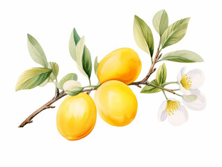 Mirabelle plum (Prunus domestica) with leaves and Blooming Flowers.  Watercolour Illustration of Yellow Mirabelle Plum Branch Isolated on White.