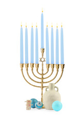 Hanukkah celebration. Menorah with light blue candles, dreidels and festive baubles isolated on white