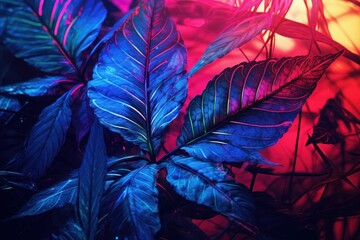 Fototapeta premium Bright neon tropical plants, Leaves in purple, pink, and blue tones, Cyberpunk-style ficus.