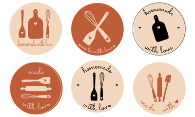 Home kitchen logo design. Bakery shop logo. Set of tools for making cakes, cookies and pastries.Vector illustration for menu, recipe book, baking shop, cafe. Made with love