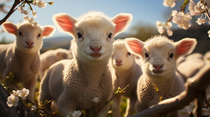 curious lambs looking at the camera in spring. generative ai