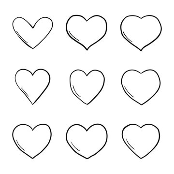 A hand-drawn doodle set of hearts on a white background.