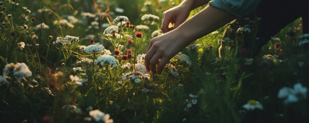 Wild flowers picking by hands at flower farm.