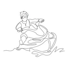 Continuous single line sketch drawing of man riding jet ski power boat on splash wave. One line art of water sport outdoor summer fun holiday activity vector illustration