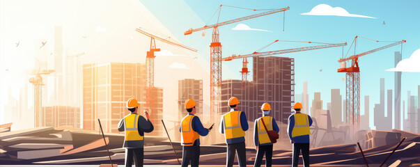 Professional engineers discussing about blueprints and effectivity at construction site