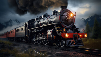 Fototapeta premium The Massive Steam Locomotive Belches Smoke And Steam As It Chugs Down The Tracks Its Steel Wheels Screeching Against The Rails Background