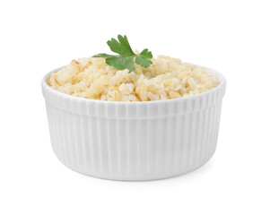Cooked bulgur with parsley in bowl isolated on white