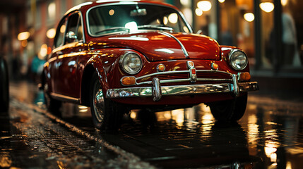 Cute Retro Car Sits A Metro City Street With Lights Blurry Background - obrazy, fototapety, plakaty