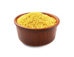 Dry millet seeds in bowl isolated on white