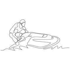 Continuous single line sketch drawing of man riding jet ski power boat on splash wave. One line art of water sport outdoor summer fun holiday activity vector illustration
