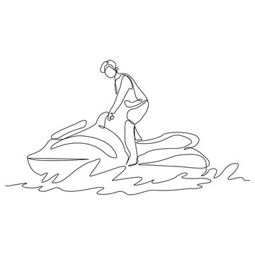 recommend clip art: Continuous single line sketch drawing of man riding jet ski power boat on splash wave. One line art of water sport outdoor summer fun holiday activity vector illustration