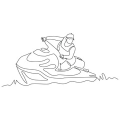 Continuous single line sketch drawing of man riding jet ski power boat on splash wave. One line art of water sport outdoor summer fun holiday activity vector illustration