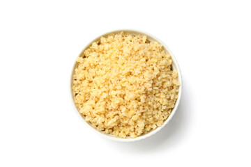 Delicious bulgur in bowl isolated on white, top view