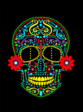 Sugar skull with flowers and dots background