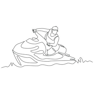 recommend clip art: Continuous single line sketch drawing of man riding jet ski power boat on splash wave. One line art of water sport outdoor summer fun holiday activity vector illustration