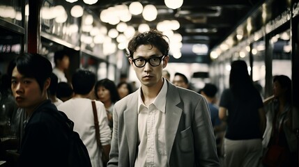 Fototapeta na wymiar Man in Suit and Glasses Standing in Subway