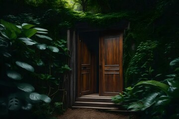 The wooden door opens,  a new world surrounded by greenery. idea of climate change. day idea. from darkness to light.