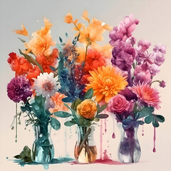 Bouquet of colorful flowers in vases. Watercolor illustration