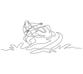 Continuous single line sketch drawing of man riding jet ski power boat on splash wave. One line art of water sport outdoor summer fun holiday activity vector illustration