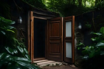 The wooden door opens,  a new world surrounded by greenery. idea of climate change. day idea. from darkness to light.