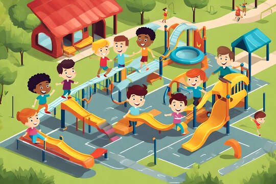 Vector image of joyful kids having fun on a playground.