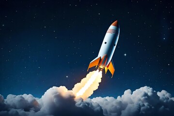 Naklejka na ściany i meble Rocket lifts off in the starry sky - Concept for space exploration. Cartoon minimalist realistic three-dimensional design of a rocket launch during a space mission or vacation. Vector-based artwork.