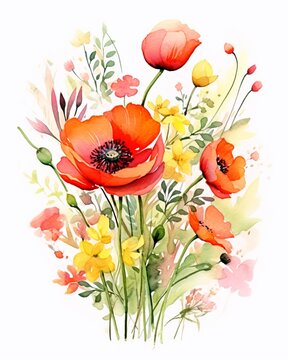 Hand-Drawn Watercolor Red Poppies Bouquet