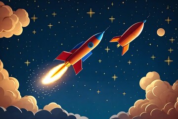 Rocket lifts off in the starry sky - Concept for space exploration. Cartoon minimalist realistic three-dimensional design of a rocket launch during a space mission or vacation. Vector-based artwork.