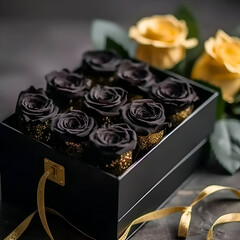 Black roses in a black gift box on a gray background. Valentine's Day.
