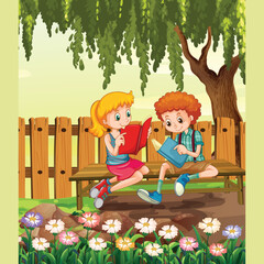 Illustration of a boy and a girl reading under the tree