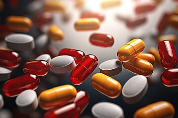 Pills and tablets falling. Medication and healthcare concept. Generative Ai